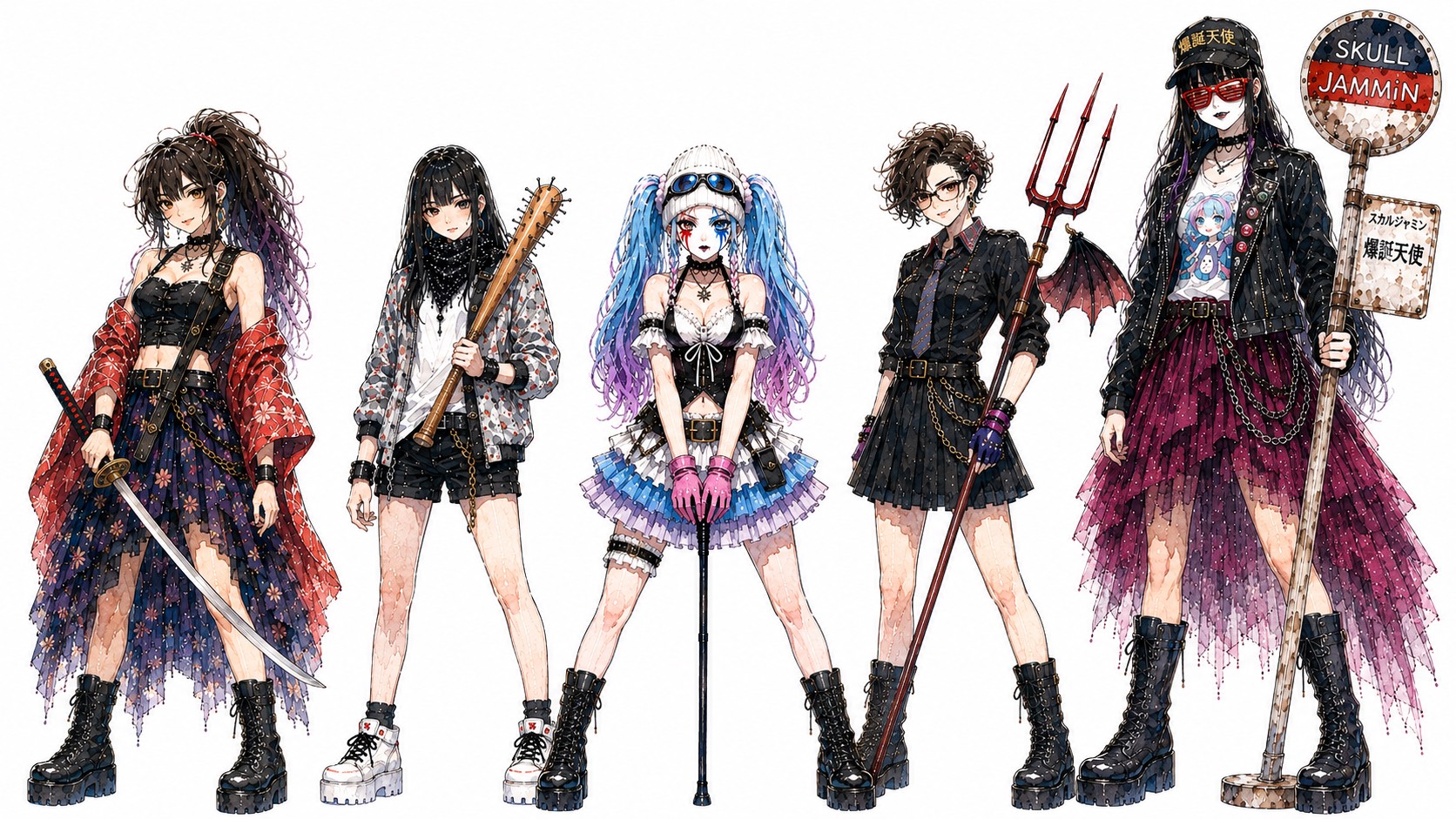 イビルキックAIの出演告知画像。個性的な衣装の5人が並ぶイラスト。横長に変形して表示。